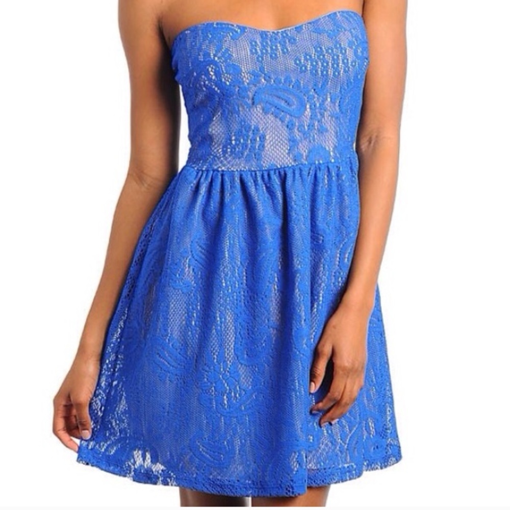 Blue and Tan strapless dress